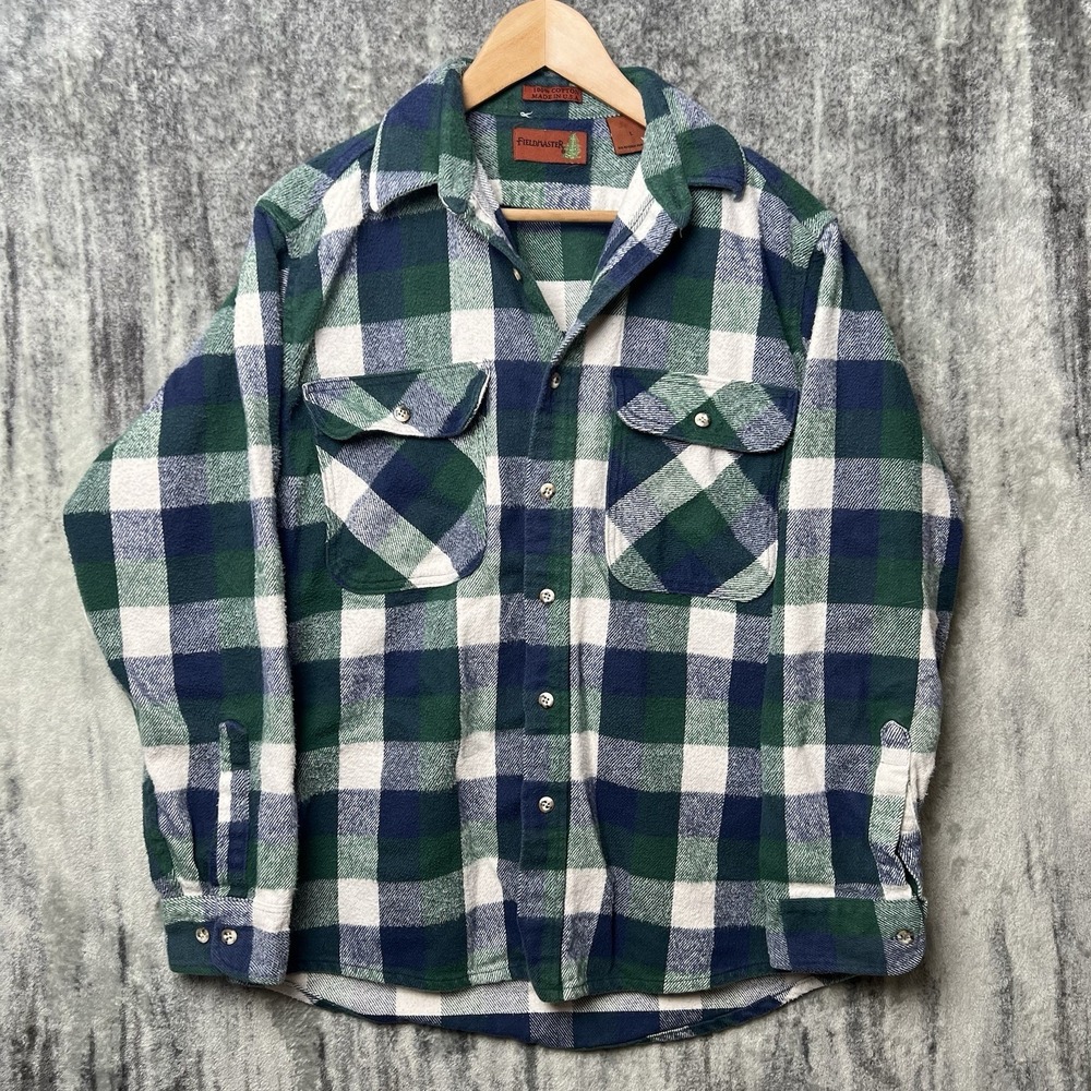 Vintage Fieldmaster Shirt Mens L‎ Green Blue Plaid Flannel Shacket